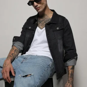 Dark-Wash Denim Jacket With Flap Pocket